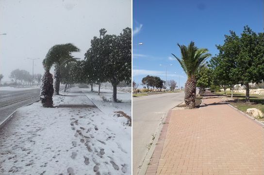 Arad, Israel, snow storm in the desert 2015 before and after photos 