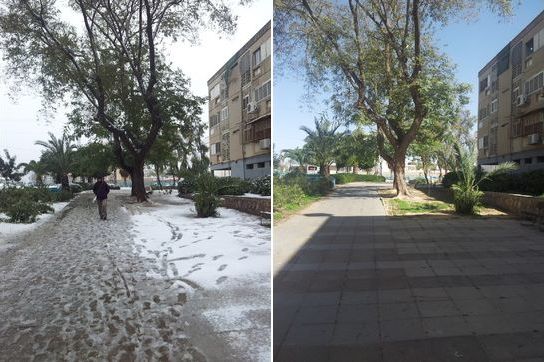 Arad, Israel, snow storm 2015 before and after, Ben yair St. 